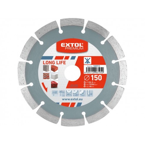 Дијамантски диск за сечење, сегментен, Long Life, 150x22,2mm, суво сечење, EXTOL PREMIUM