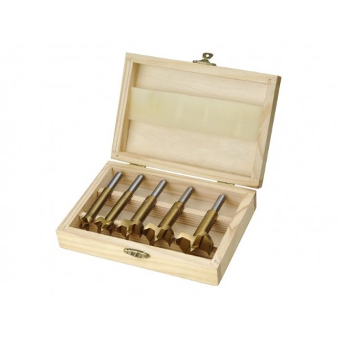 Фреза за кружен отвор, за дрво, сет 5пар, ∅15-20-25-30-35mm, носач 8mm, обложени со титаниум, во дрвена кутија, EXTOL CRAFT